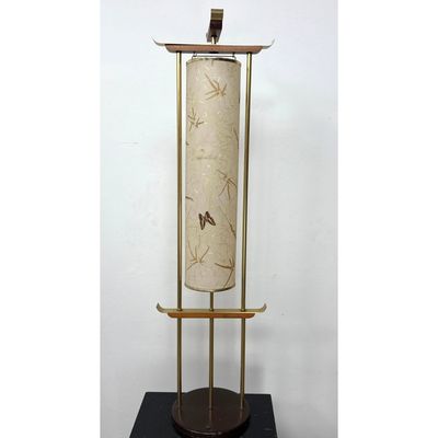 Mid-Century Modern Pagoda Style Table Lamp with Butterfly and Botanical Fiberglass Shade