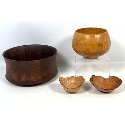 Assortment of Hand Turned Artisan Wooden Bowls including works by John Crouse, D. Stinson, and Leon