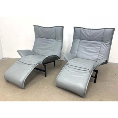 Pair Vico Magistretti for Cassina Gray Leather Lounge Chairs.  Fully adjustable.
