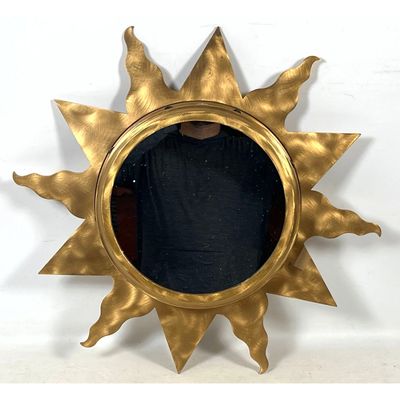 Cut Sheet Brass Sunburst Wall Mirror in Brushed Gold Finish with Inset Black Gems and Stars