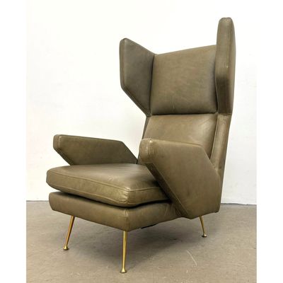 Contemporary Ponti Style Modernist Wingback Lounge Chair in Olive Green Leather with Brass Tapered L