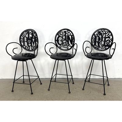 3pc Set SHAVER HOWARD Black Metal Swivel Bar Stools. "Gin", "Rum" and "Rye" Liquor Themed Backs. Bla