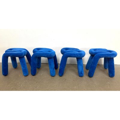 Set 4 Electric Blue Velvet Tubular Stools. Lot #3. Interlocking "Knot" Design. Contemporary.