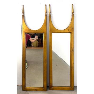 Pair of Gilt Finish Architectural Wall Mirrors with Turned Finials and Crescent Top Rails. Italian s