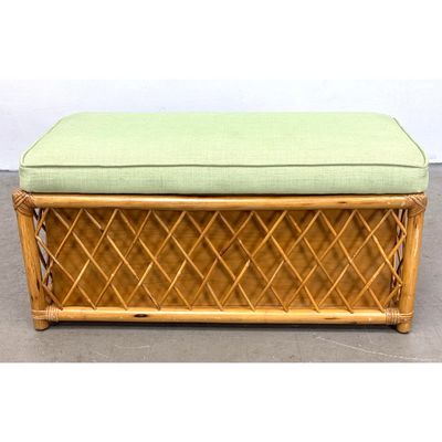 Mid-Century Modern Rattan and Bamboo Storage Bench with green fabric upholstered seat. Unsigned.