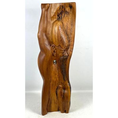 Large Scale Hand Carved Wood Sculpture. Bearded Sage Figure. Inlaid Green Stones. Unsigned