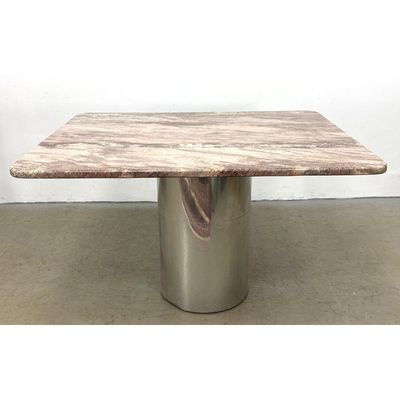 Square Natural Stone Dining Table. Metal Column Pedestal Base. Unsigned. Modernist Design.