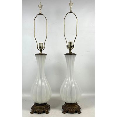Pair of Italian Murano Mid-Century Modern Fluted White Opaline Glass Table Lamps on Ornate Cast Meta