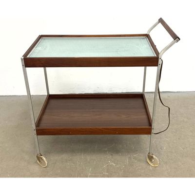 60s Vintage Mid Century Salton Hotable Two-Tier Heated Buffet Cart Aluminum and Walnut, Salton Hotab