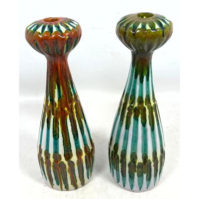 Pair of Tall Italian Mid-Century Modern Striped Fat-Glaze Ceramic Candlesticks Marked Pauls and numb