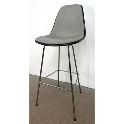 Herman Miller Eames Molded Plastic Stool Upholstered in Gray Fabric with Chrome Base