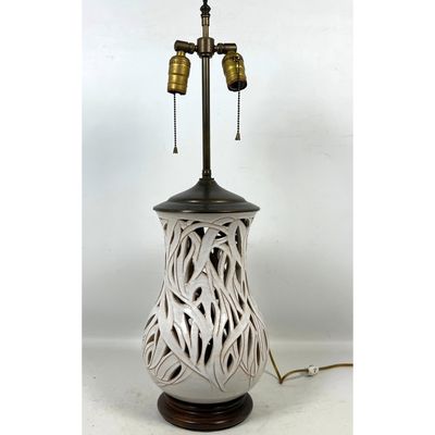 Reticulated White Glazed Ceramic Table Lamp on Turned Wood Base with Double Socket Cluster and Twin