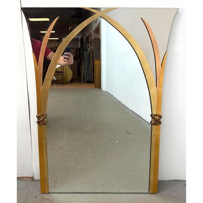 Large Hollywood Regency Flared Wall Mirror with Gold Tone Reed and Knot Decorative Elements. Unsigne