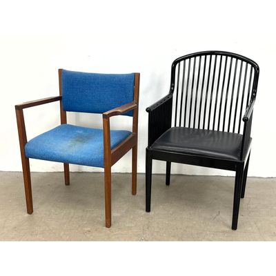 2 mid-century modern armchairs including 1 Stendig Andover spindle back chair in black lacquer and 1