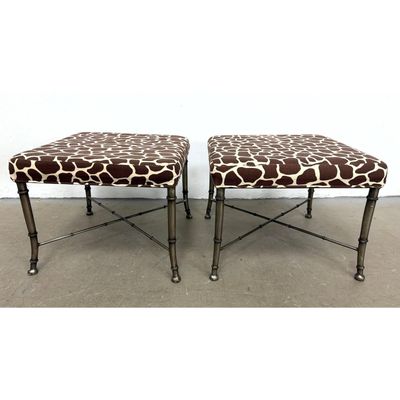 Pair of Square Faux Bamboo Metal Ottomans with Giraffe Print Upholstery and X Form Stretchers