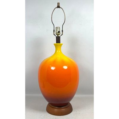 Mid Century Modern Large Ceramic Table Lamp with Yellow and Orange Ombre Glaze on Turned Wood Base