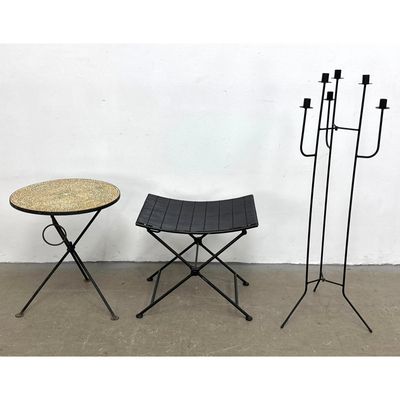 3pcs Modernist Wrought Iron Decorative Objects including Mosaic Tile Side Table, Folding Stool, and
