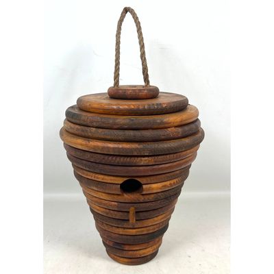 Rustic Handcrafted Stacked Ring Wooden Beehive Birdhouse with Rope Hanger and Single Perch Peg