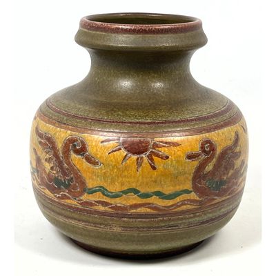 Vintage Italian Art Pottery Vase: MCM vase with incised decoration:  Painted signature with artist i