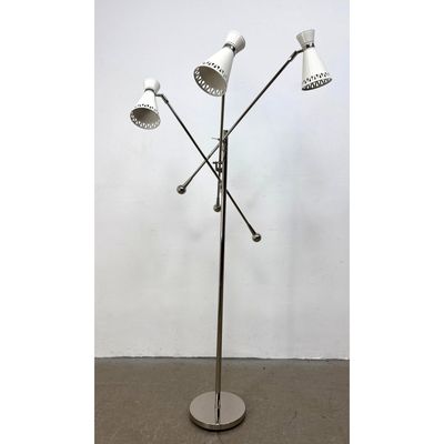 Mid Century Modern Triennale Style 3 Arm Chrome and White Enameled Floor Lamp.