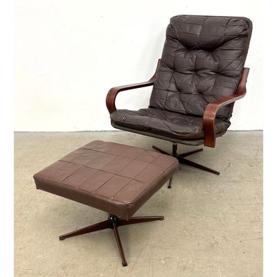 2pc Scanior Design Danish Modern Brown Leather Swivel Lounge Chair and Matching Ottoman with Bentwoo