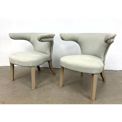 Pair of Upholstered Crescent Open Back Armchairs with Nail head Trim and Saber Legs