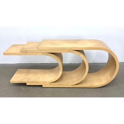 Postmodern Three Tier C Form Console Table with Tessellated Faux Parchment Veneer.  Springer style.