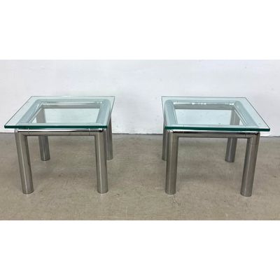 Pr Modernist Square Side Tables Heavy Gauge Tubular Chrome Frames Clear Inset Glass Tops Unsigned