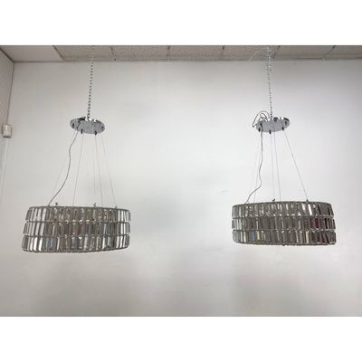 Pair of Modern Triple Tiered Crystal and Beaded Wire Drum Chandeliers. Unsigned.