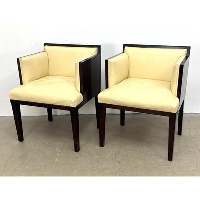 Pr Art Deco style dark stained hardwood Lounge Chairs. Cream leather upholstery. Tall Upholstered Ar