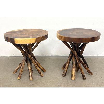 Pair of contemporary rustic organic wood side tables with thick slabs and stick bundle bases