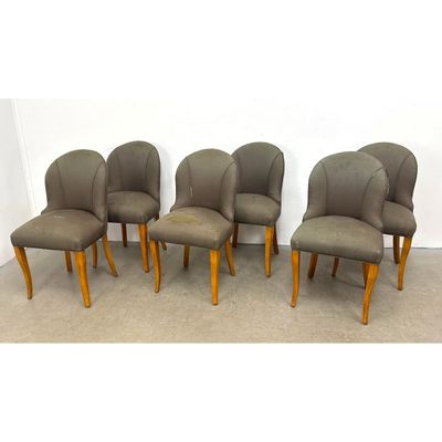 Set 6 French Art Deco upholstered side Dining chairs. Arched backs. Flared wooden legs