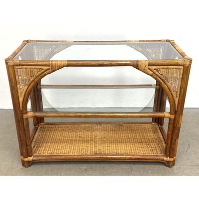 Vintage Rattan and Wicker Console Table with Glass Shelves and Arched Framework