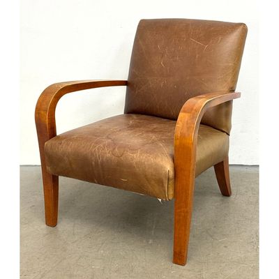 Sam Moore Furniture Mid Century Modern Style Bentwood Armchair in Distressed Brown Leather