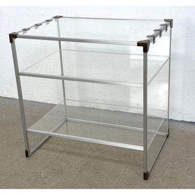 Contemporary 3 Tier Clear Acrylic and Aluminum Shelving Display Unit. Dark Brass Hardware and Corner