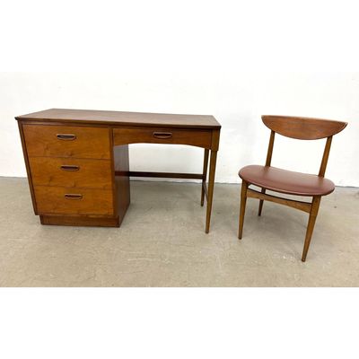 Lane Mid-Century Modern Walnut Single Pedestal Desk and Coordinating Side Chair With Faux Wood-Grain