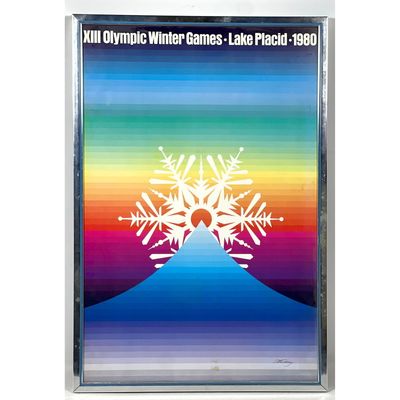 Whitney Signed XIII Olympic Winter Games Lake Placid 1980 Commemorative Poster in Chrome Frame