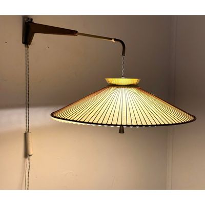 Mid Century Modern Telescoping Swing Arm Wall Sconce Swag  Lamp with Large Pleated Coolie Shade and