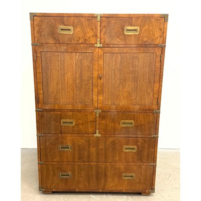 Henredon Campaign Style Gentleman's Chest Dresser in Olive Ash Burl and Walnut. Marked.