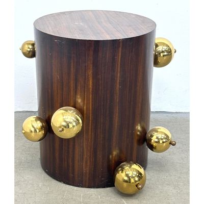 Contemporary Postmodern Cylindrical Pedestal Table in Dark Wood Veneer with Polished Brass Sphere Ac