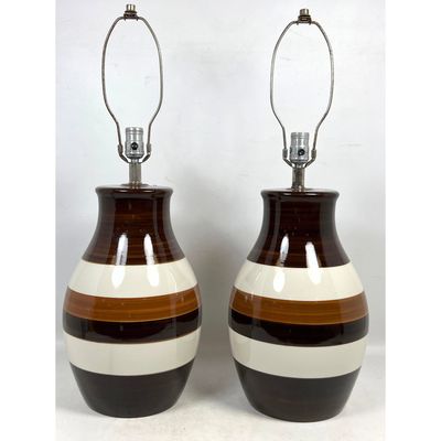 Pair of Mid Century Modern Striped Ceramic Table Lamps in Brown and White Glaze