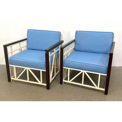 Pair of Modernist Architectural Painted Iron and Wood Armchairs with Lattice Work Frames
