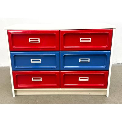 Bassett Furniture Mid-Century Modern 6-drawer chest with red and blue molded plastic fronts and whit