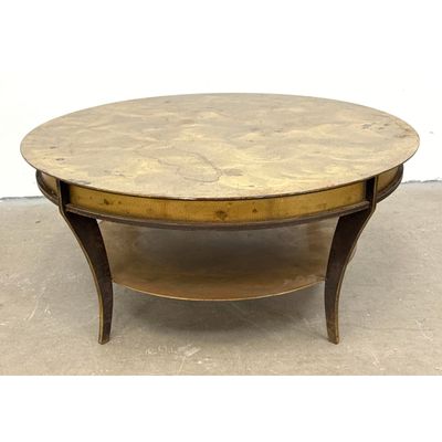 Vintage Tiered Hammered Brass and Wrought Iron Coffee Table with Out Swept Legs.  Heavy construction