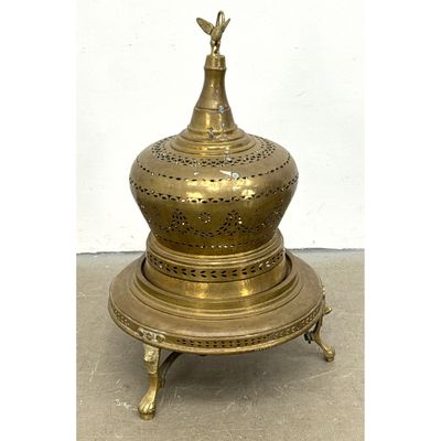 Large Ornate Moroccan Style Brass and Copper Brazier Room Heater with Lion Head Feet and Bird Finial