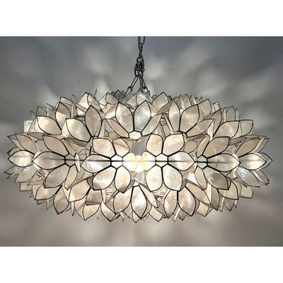 Large Capiz Shell Multi Lotus Blossom Chandelier with Chrome Plated Mounting Chain