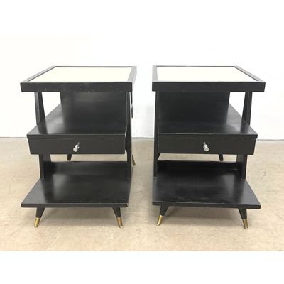 Pair of Mid Century Modern Atomic Style 3 Tier Black Painted Wood Side Tables with Laminate Tops