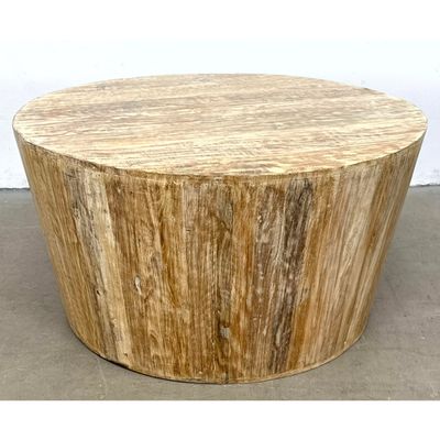 Rustic Wood Round Tapered Drum Coffee Table with Whitewashed Finish