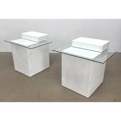 Pair of Postmodern Textured Plaster and Cantilevered Glass Side Tables