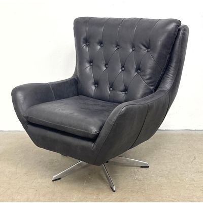 Mid Century Modern Swivel Armchair in Charcoal Gray Distressed Faux Leather with Button Tufted Backr